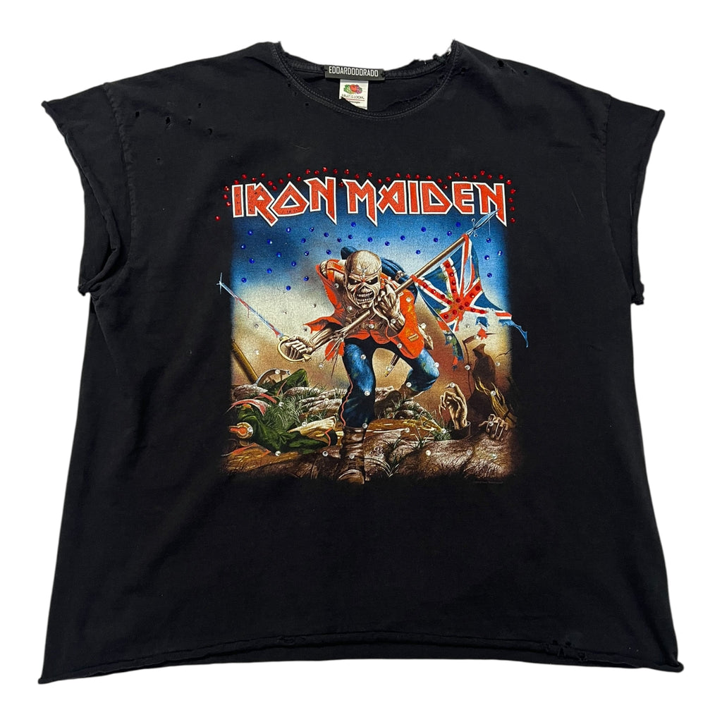 t shirt vintage con strass iron maiden  tg XL crop e rotture