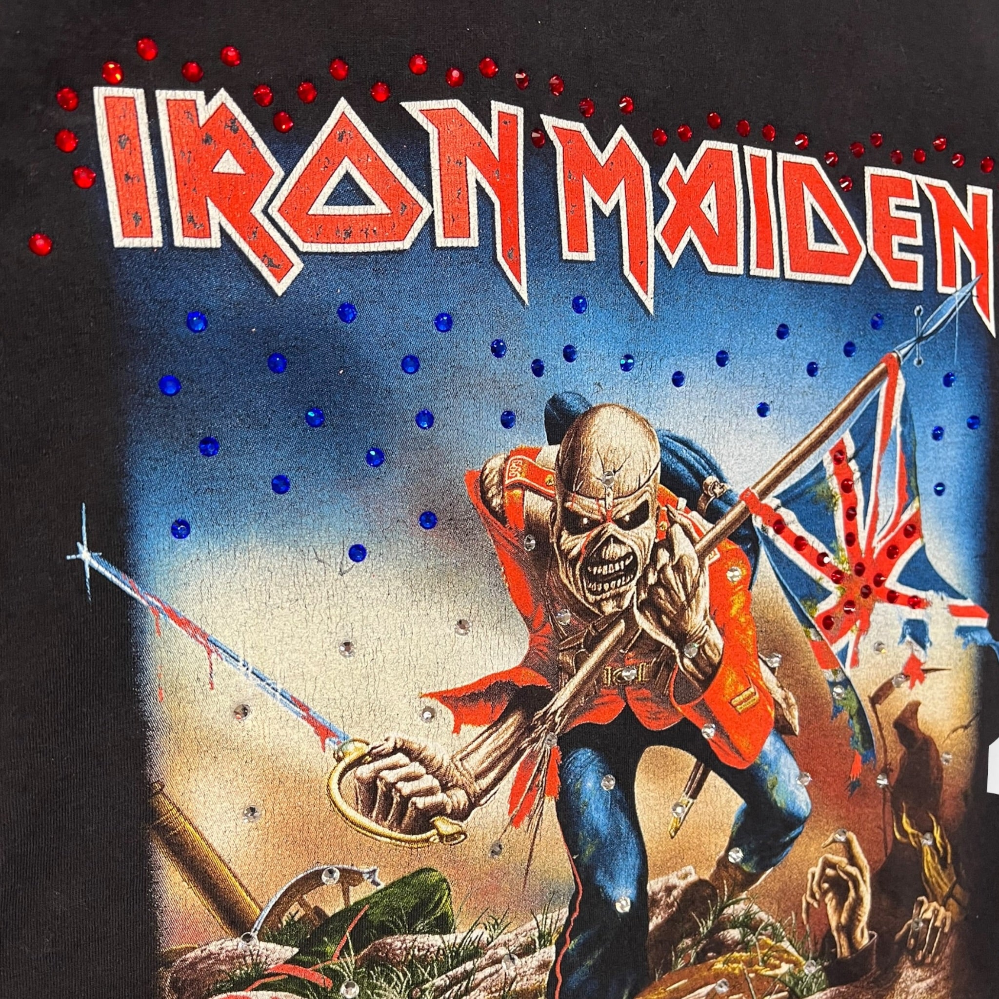 t shirt vintage con strass iron maiden  tg XL crop e rotture