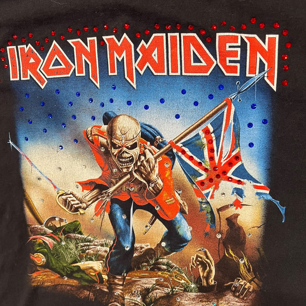 t shirt vintage con strass iron maiden  tg XL crop e rotture